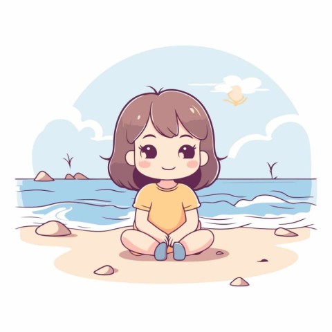 cute little girl sitting on the beach cartoon vector illustratio