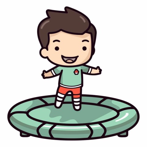 Cute Boy Jumping on Trampoline - Vector Illustration