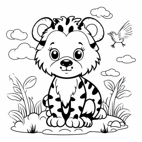 Black and White Cartoon Illustration of Cute Baby Tiger Animal C