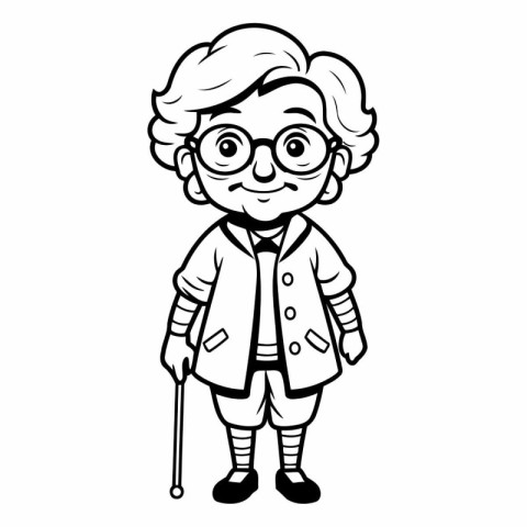 Cute Cartoon Grandpa Vector Illustration. Black and White Style