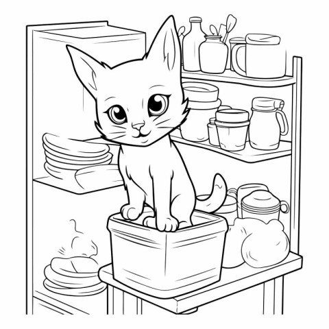 Black and white vector illustration of a cat sitting on a shelf