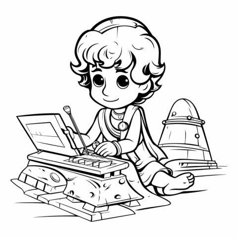 Vector illustration of Cute boy playing with a vintage typewrite