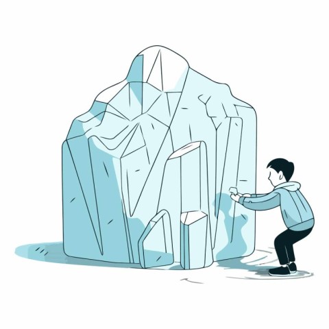 Vector illustration of a man building ice block. Hand drawn cart