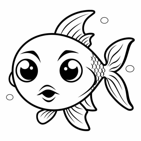 Black and White Cartoon Illustration of Cute Fish Character for