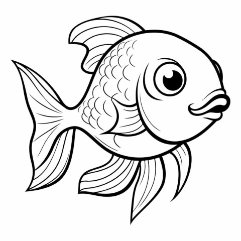 Black and White Cartoon Illustration of Cute Fish Character for