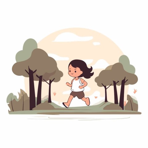 Little girl running in the park. Cute cartoon vector illustratio