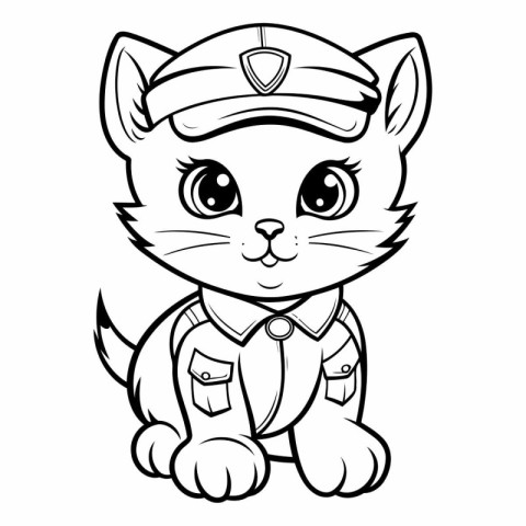 Black and White Cartoon Illustration of Cat Police Officer Chara