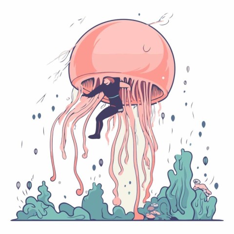 Vector illustration of a cartoon jellyfish jumping out of the wa