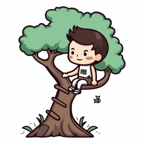 Cute little boy sitting on a tree cartoon vector illustration gr