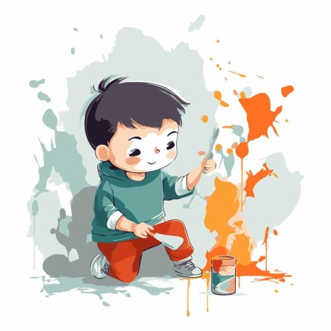 Cute boy painting with paintbrush and paints.