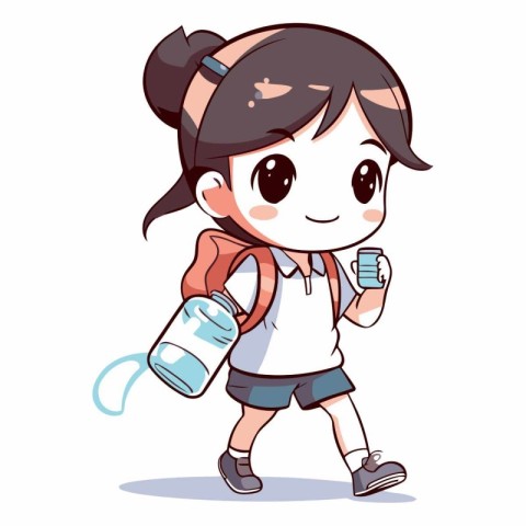 Cute little school girl with backpack and water bottle.