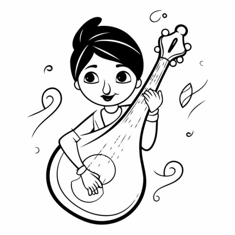 Illustration of a young girl playing the mandolin on a white bac