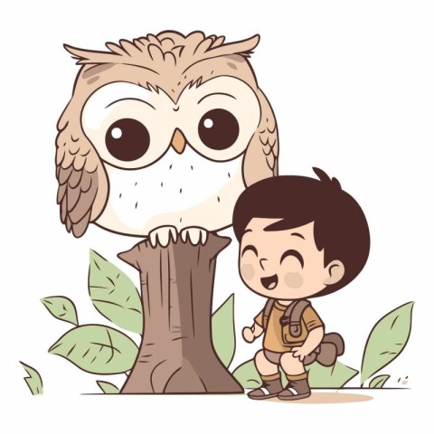 Owl and boy on a tree. Cute cartoon vector illustration.