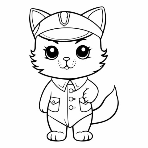 Black and White Cartoon Illustration of Cute Cat Captain Charact