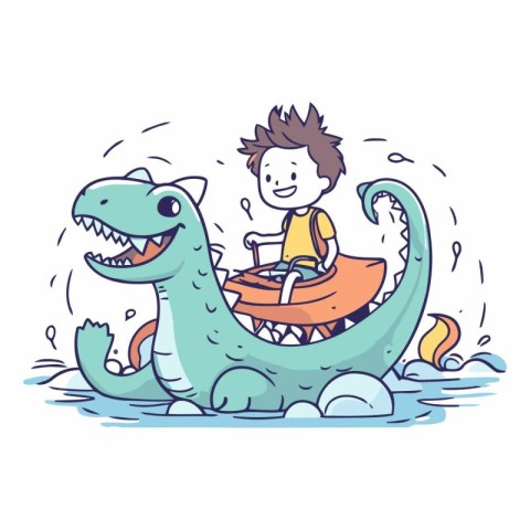 Cartoon boy riding a dragon boat in the sea.