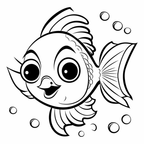 Black and White Cartoon Illustration of Cute Fish Animal Charact