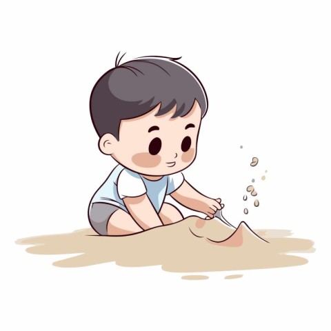 Cute little baby boy playing with sand in cartoon style.