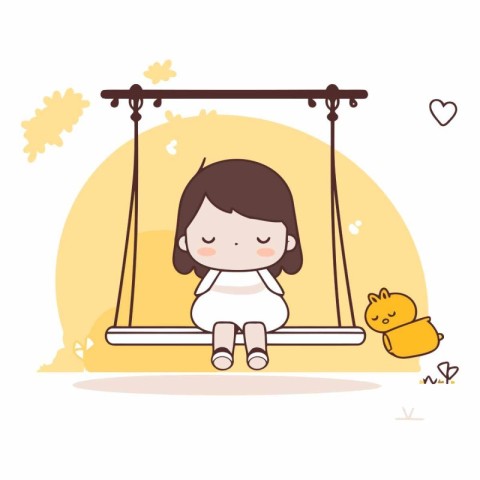 Cute little girl sitting on swing in cartoon style.