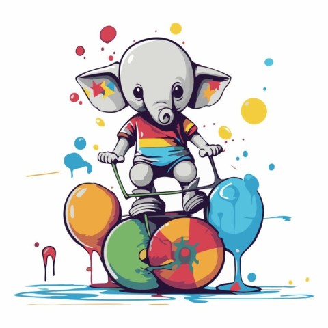 Elephant riding a bicycle and juggling colorful balloons.