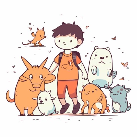 Little boy with a backpack and a group of animals