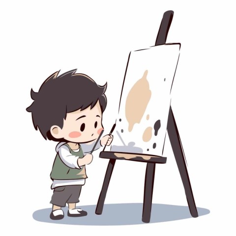 Illustration of a boy painting a picture on an easel.