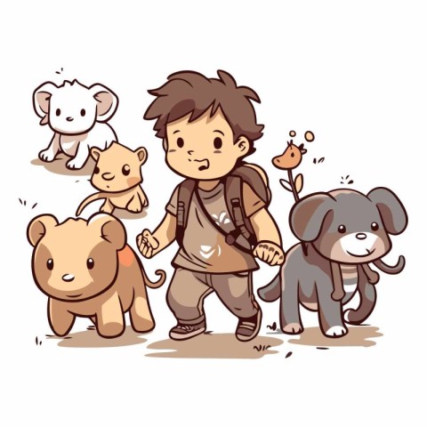 Cute boy with dog and bear. Vector hand drawn illustration.