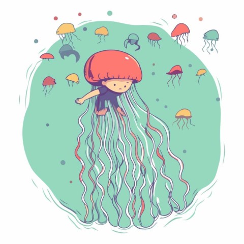 Cute cartoon jellyfish in a flat style.