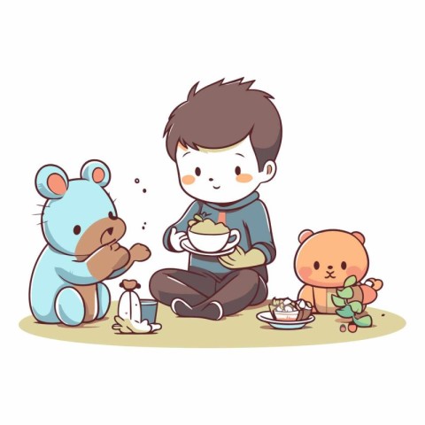 Cute cartoon boy having breakfast with his friend.