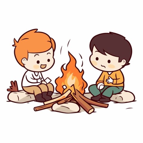 Boy and girl sitting by the campfire. Hand drawn vector illustra