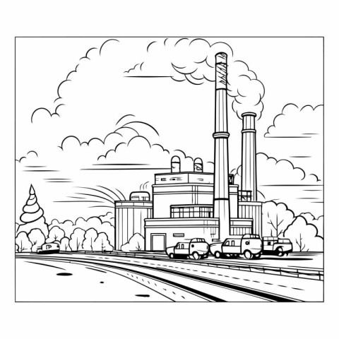 Vector illustration of a coal-fired power plant on the road.