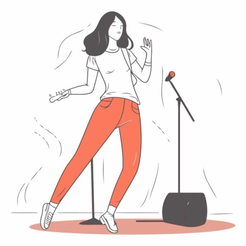 Vector illustration of a girl singing into a microphone in a nig