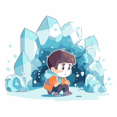 Cute little boy standing in front of ice cave.