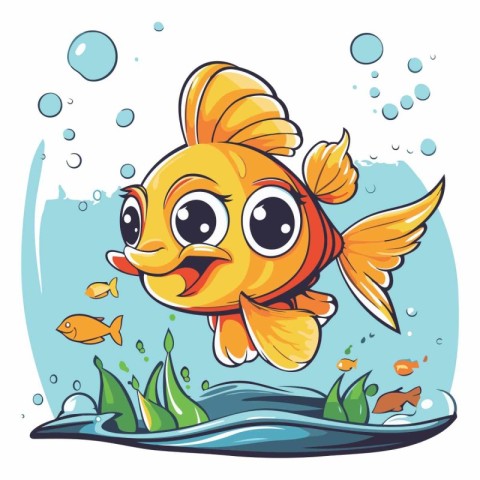 Cartoon cute goldfish swimming in the sea.