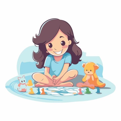 Cute little girl playing with toys in cartoon style.