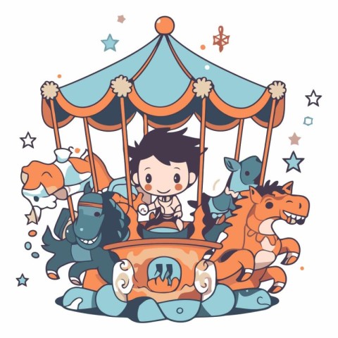 Vector illustration of a boy riding a carousel with his friends.