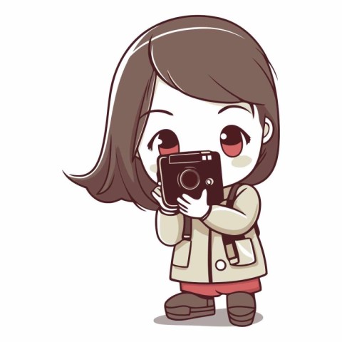 Cute girl taking a photo with vintage camera.