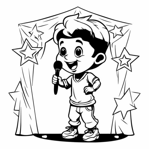 Vector illustration of a little boy singing karaoke with microph