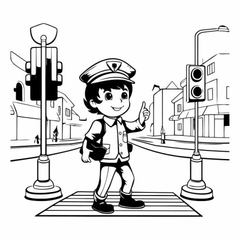 Cute boy with police uniform and cap walking on city street cart