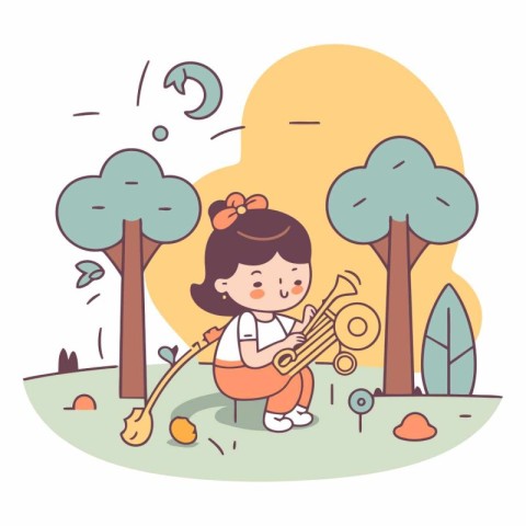 Little girl playing saxophone in the park. Flat vector illustrat