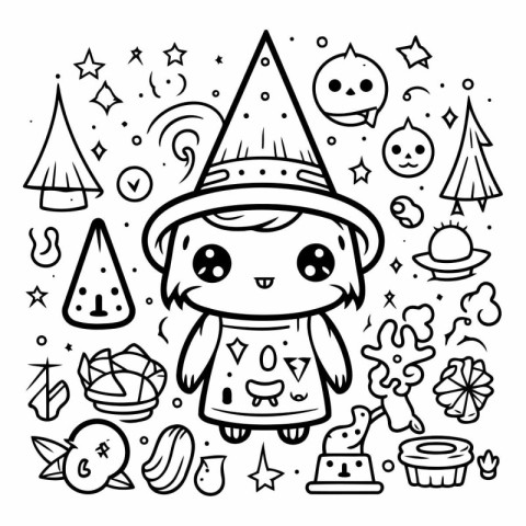 Cute cartoon kawaii monster in witch hat.