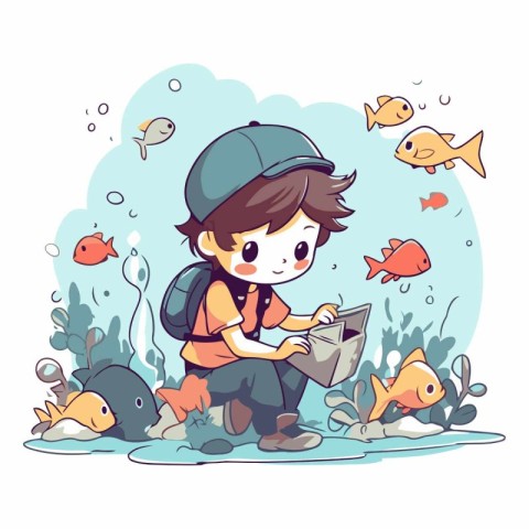 Cute little boy fishing in the sea in cartoon style.