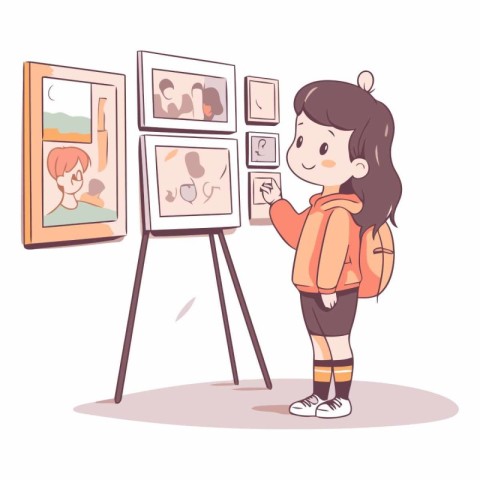 Illustration of a little girl looking at a picture in a gallery