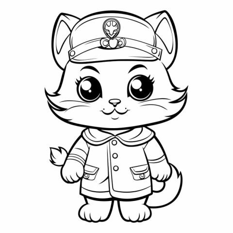 Black and White Cartoon Illustration of Cute Cat Captain Charact