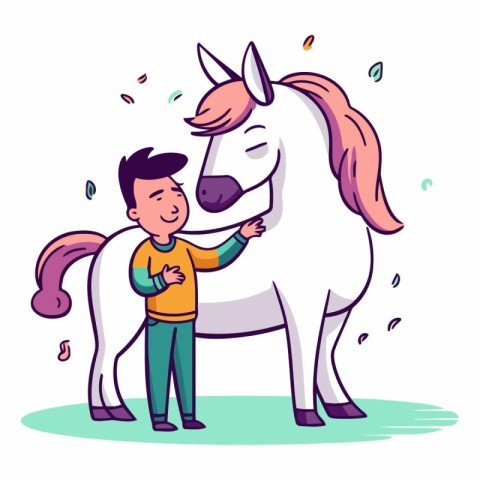 Little boy hugging a white horse in cartoon style.