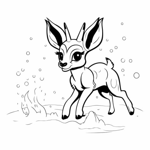 Cute little deer in the water. Black and white vector illustrati