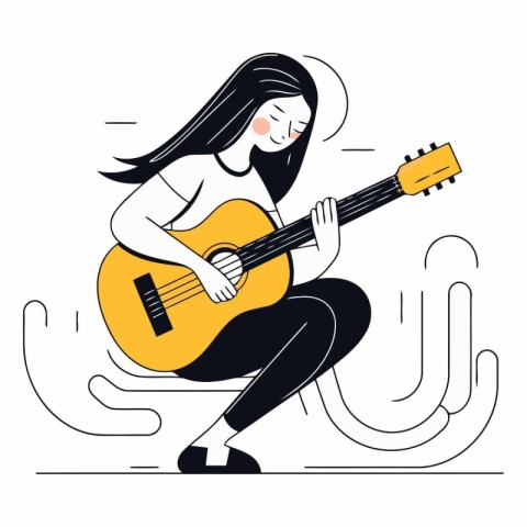 Girl playing guitar vector illustration. Young woman with long h