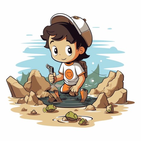 Boy with a wrench in his hand on the background of the sea