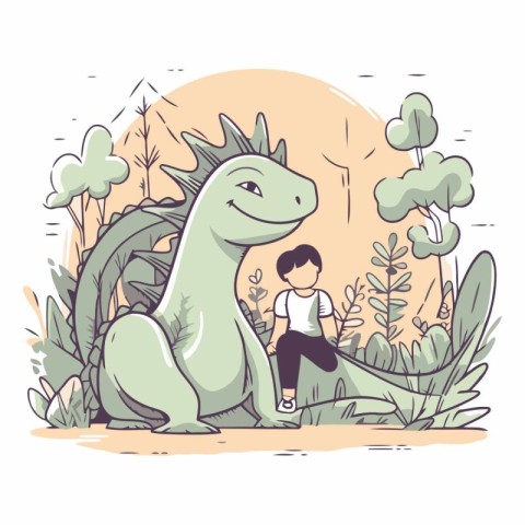 Cute little boy and dinosaur in the park.