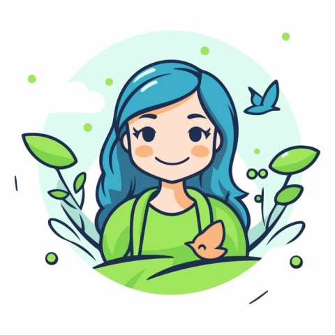 Cute girl with butterfly in a flat style.