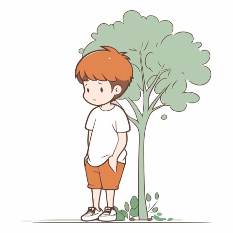 Little boy standing next to a tree in cartoon style.